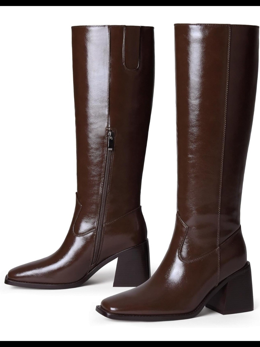 Adolilove Women Knee High Boots Low Chunky Block Heel Square Toe Faux Leather